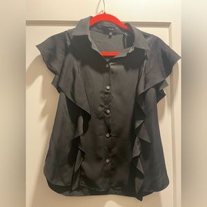 Theory Women Black Ruffle Cap Sleeve Silk Georgette Blouse